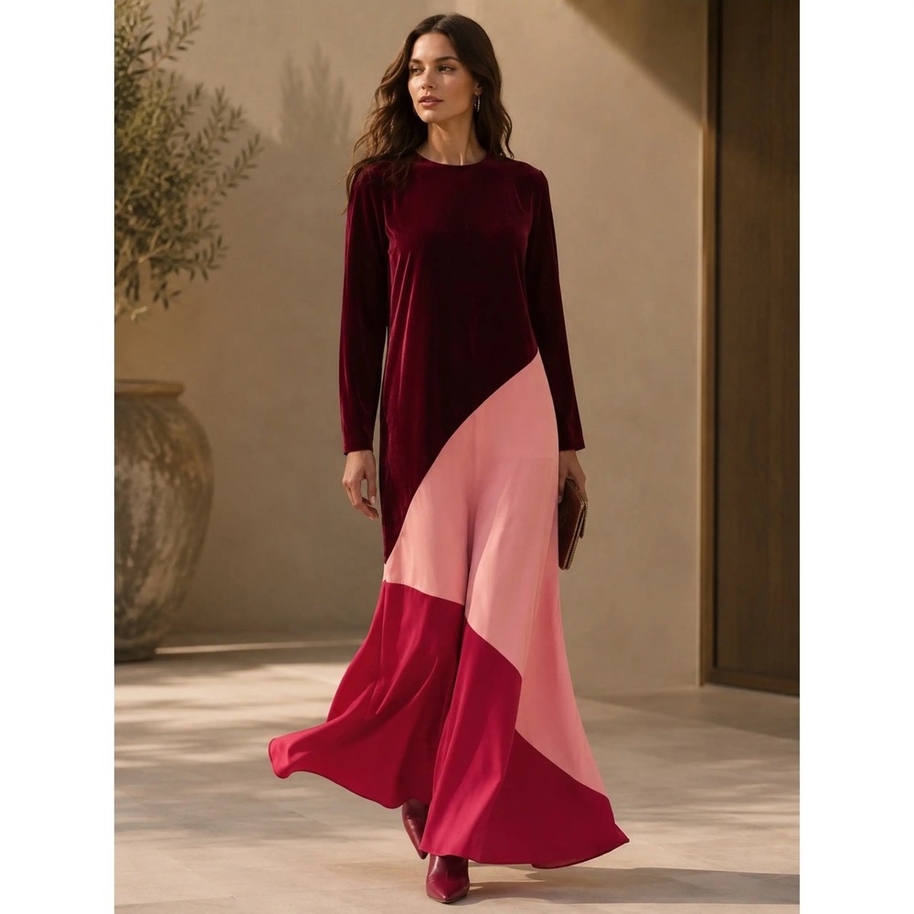 Tuckernuck Red Multi Velvet Colorblock Mixed Media Maxi Dress Long Sleeve NWT XL